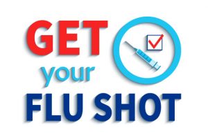 Get your flu shot slogan with blue syringe, check icon and circle emblem.