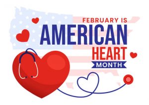 Illustration for Heart Month in February, featuring a map of the United States styled as the American flag. A red heart is positioned on the left side, with a heart-shaped stethoscope draped over it, its tubing forming a loop while the chest piece hangs over the left side of the heart.